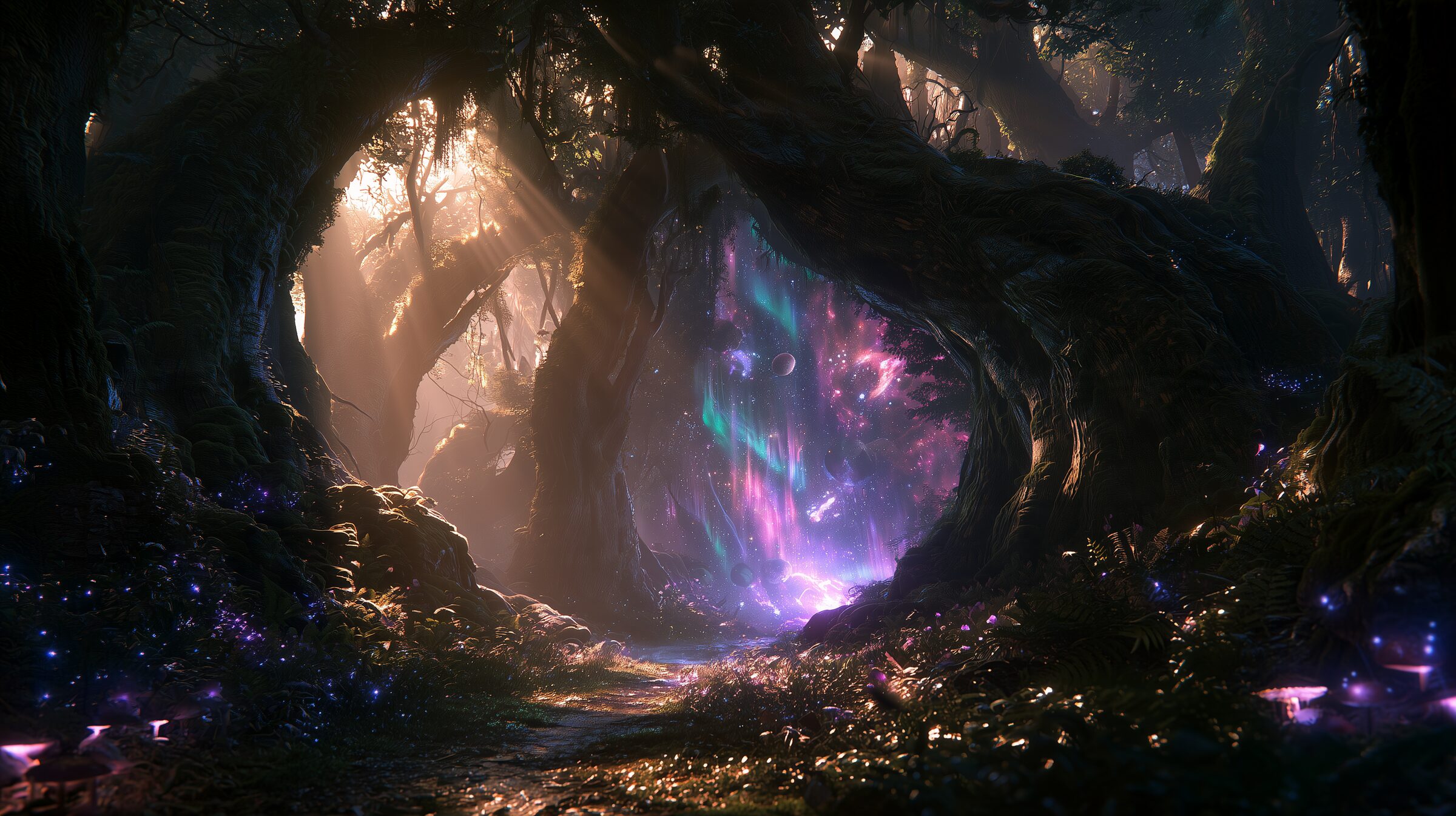 A sunlit morning forest where two great trees arch over a path, opening onto a glowing portal of stars, planets, and teal and violet aurora — the threshold into Alice Guzman's imagined worlds.